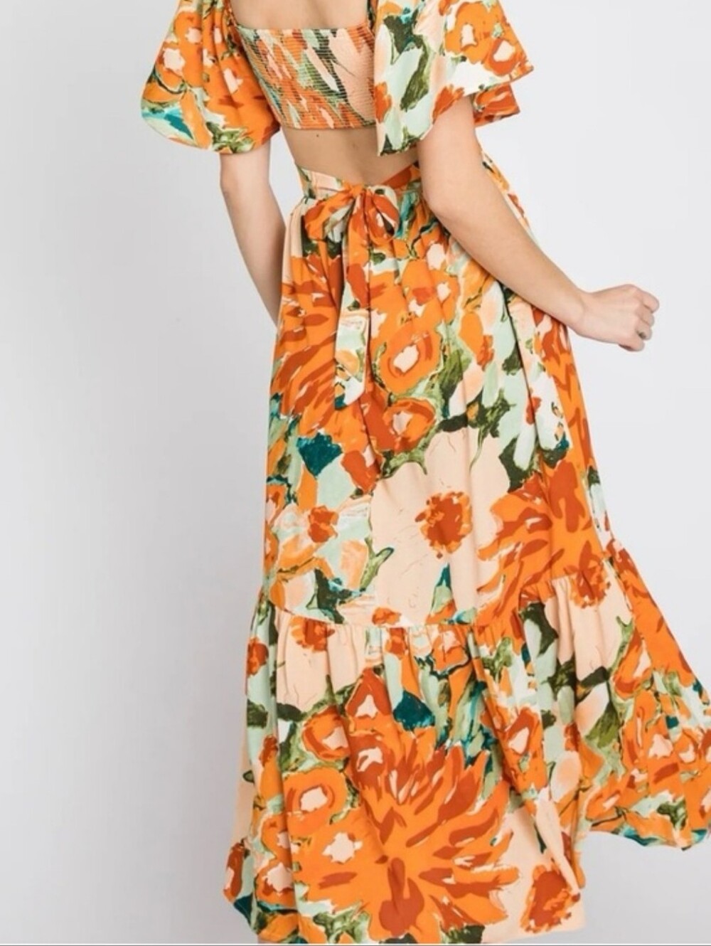 Lush Floral Open Back Maxi Dress | Flutter Sleeve | Size L